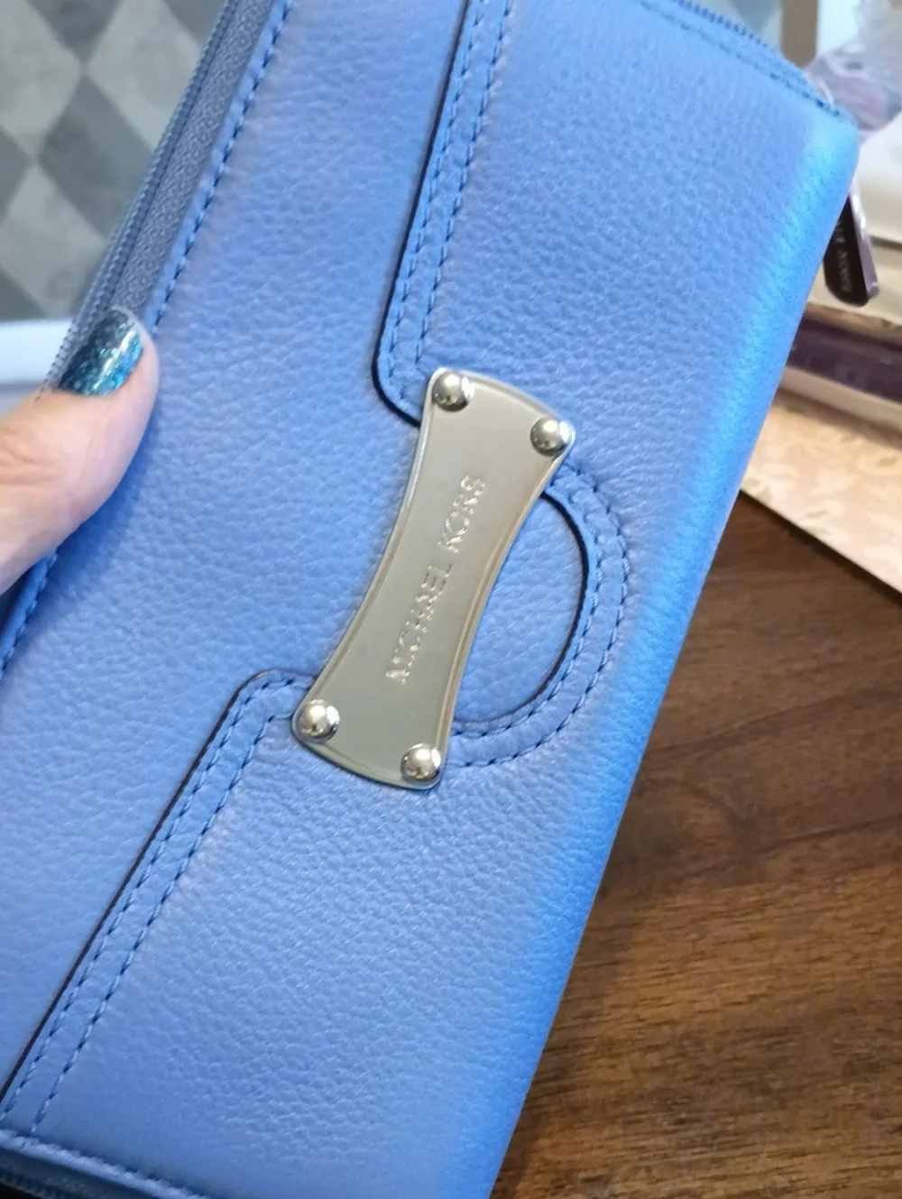 Michael Kors Light Blue Pebbled Zip Wallet with Silver Plaque